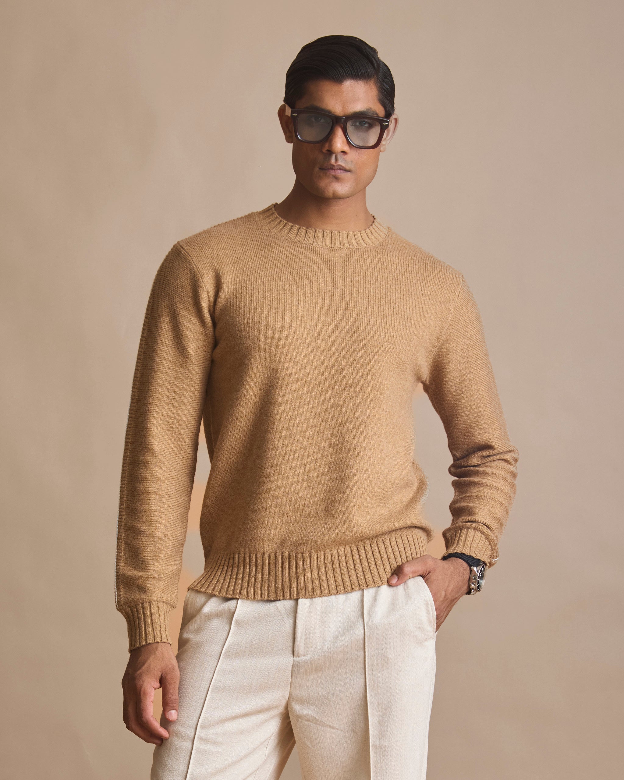 Honey tan Airloom knit crewneck sweater for men (view 2) | House of 6