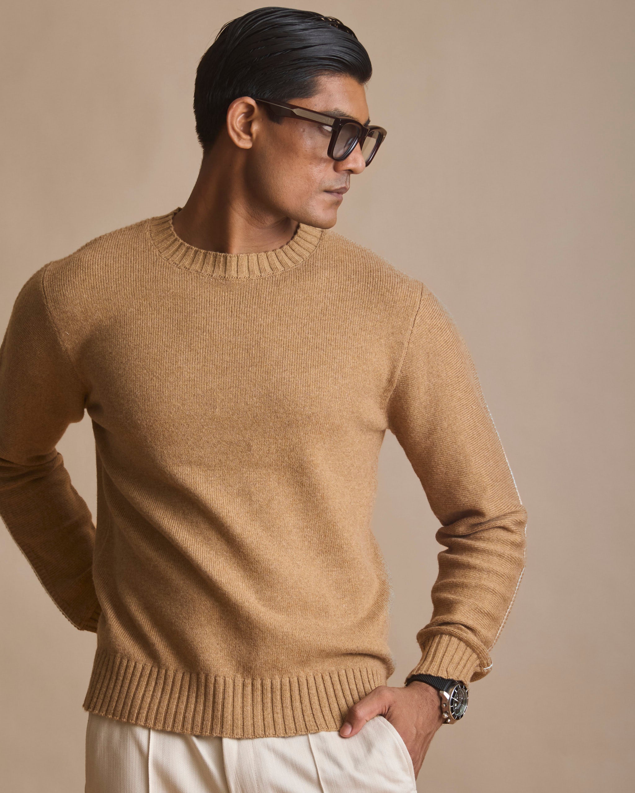 Honey tan Airloom knit crewneck sweater for men (view 3) | House of 6
