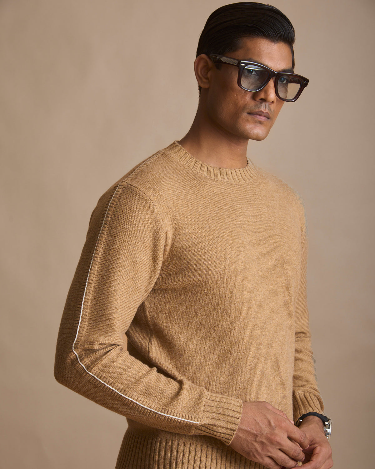 Honey tan Airloom knit crewneck sweater for men (view 9) | House of 6
