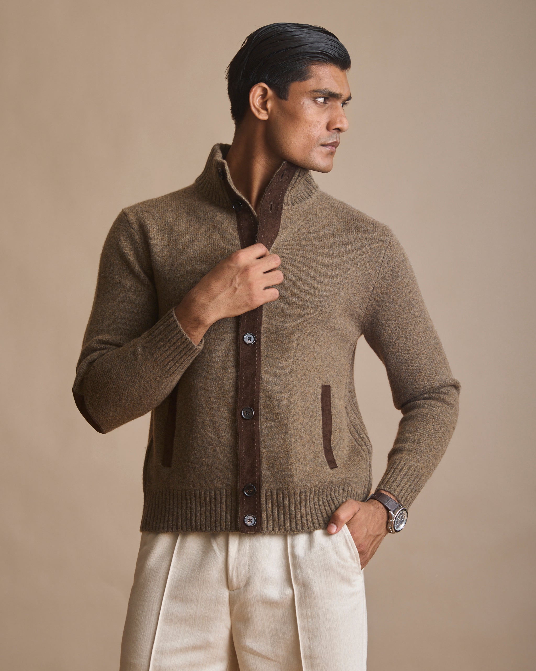 Deep chocolate brown stand-collar knit cardigan jacket (view 2) | House of 6