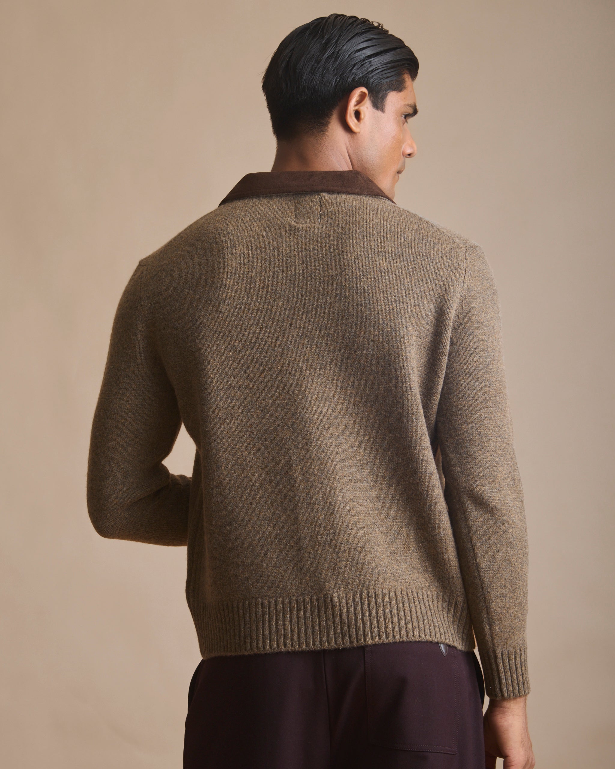 Deep chocolate shirt-collar knit cardigan jacket in 90% merino, 10% cashmere (view 2) | House of 6
