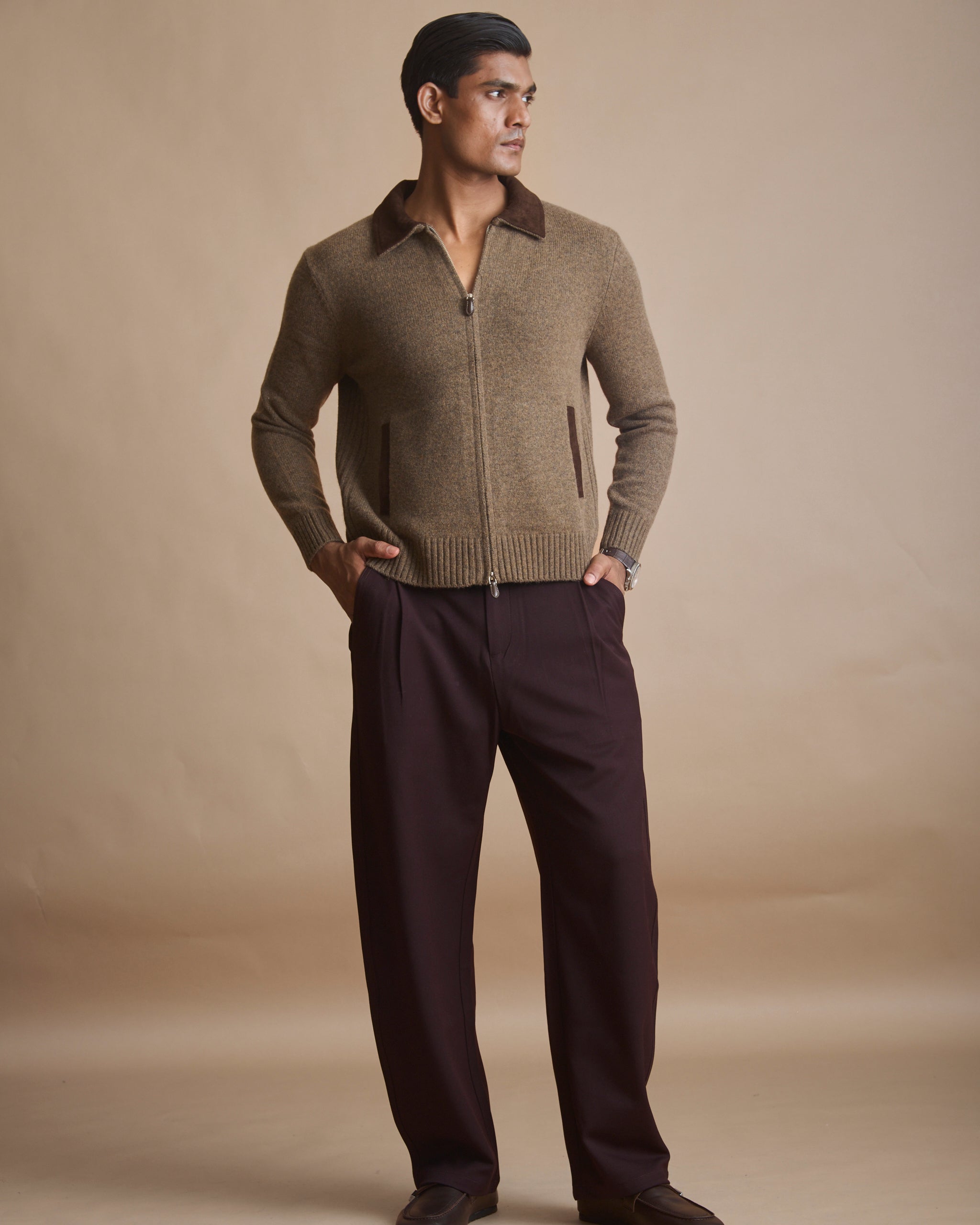 Deep chocolate shirt-collar knit cardigan jacket in 90% merino, 10% cashmere (view 3) | House of 6
