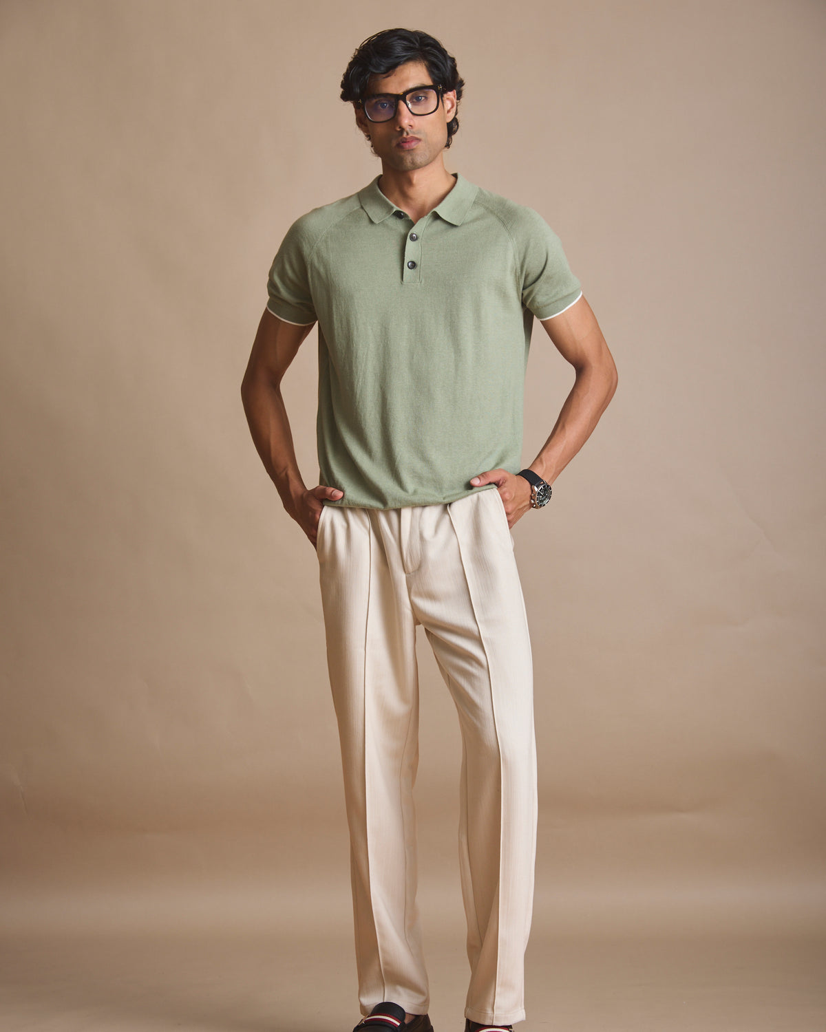 Faded cardamom khadi polo in 45% cotton, 35% European linen, 20% polyester | House of 6
