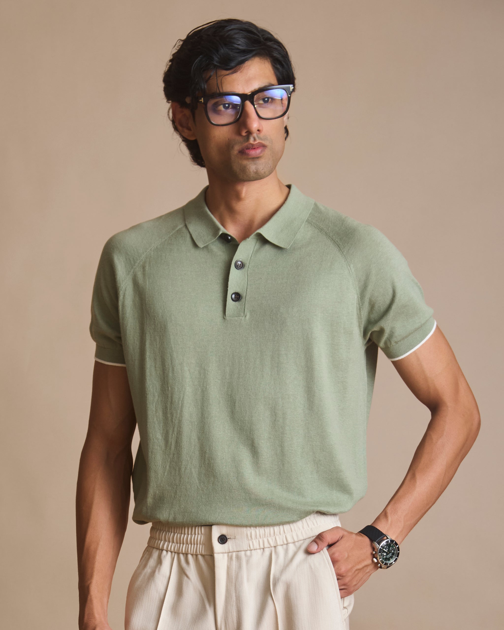 Faded cardamom khadi polo in 45% cotton, 35% European linen, 20% polyester (view 6) | House of 6