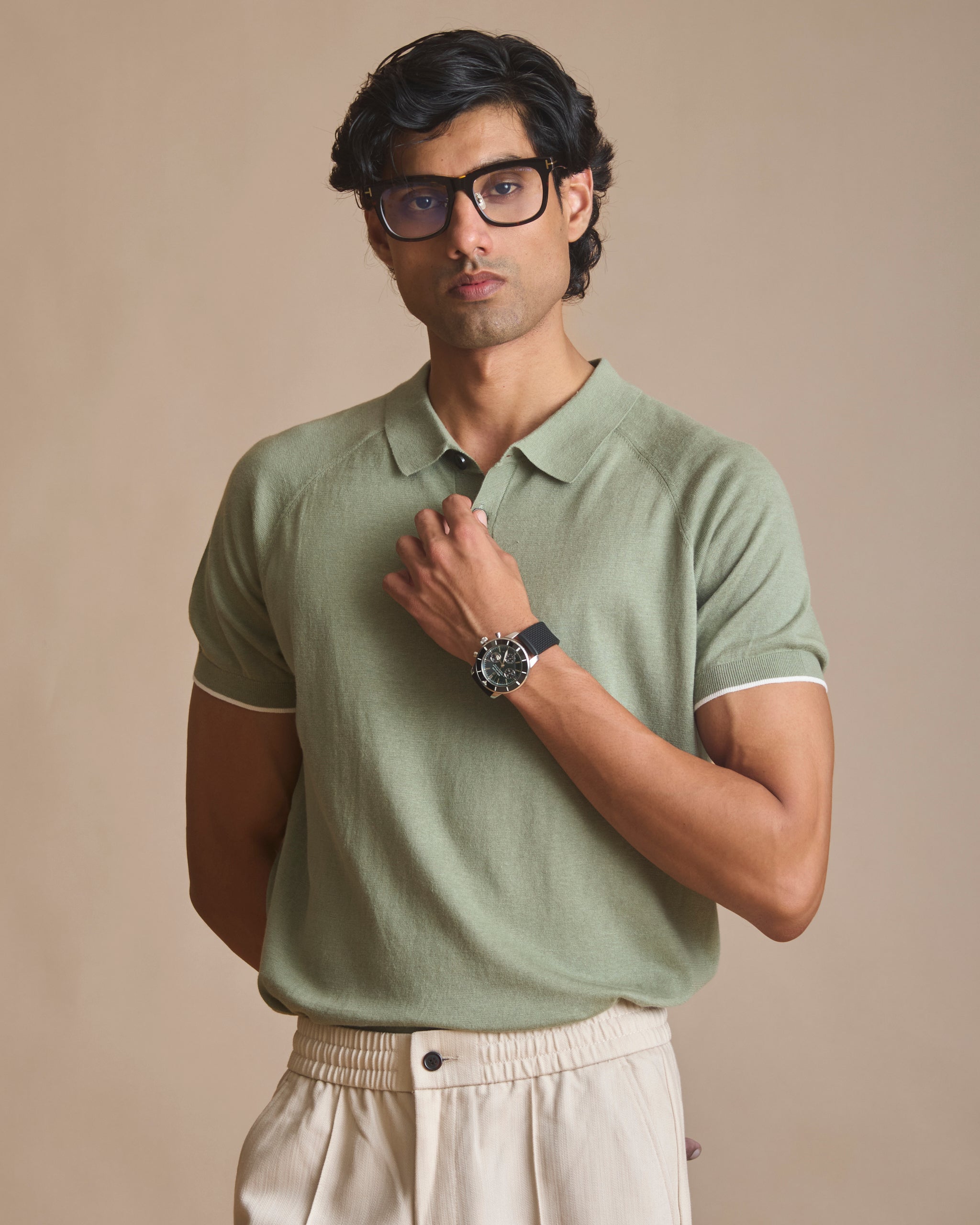 Faded cardamom khadi polo in 45% cotton, 35% European linen, 20% polyester (view 7) | House of 6