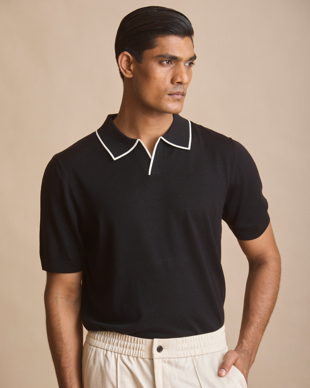 Regatta black Riviera contrast tipping knit polo in 100% merino (view 2) | House of 6