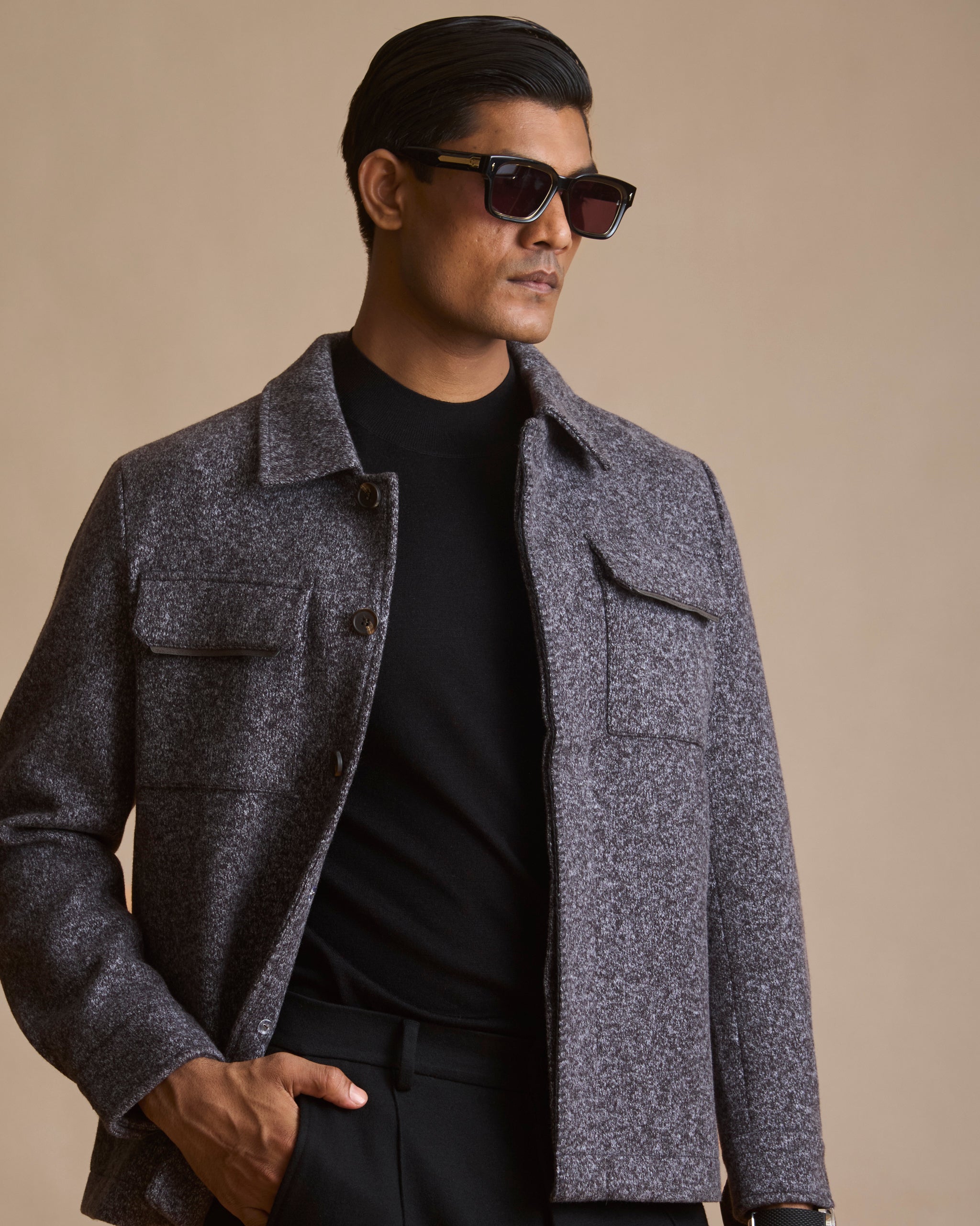 Melange grey Melton woven overshirt shacket for men (view 2) | House of 6
