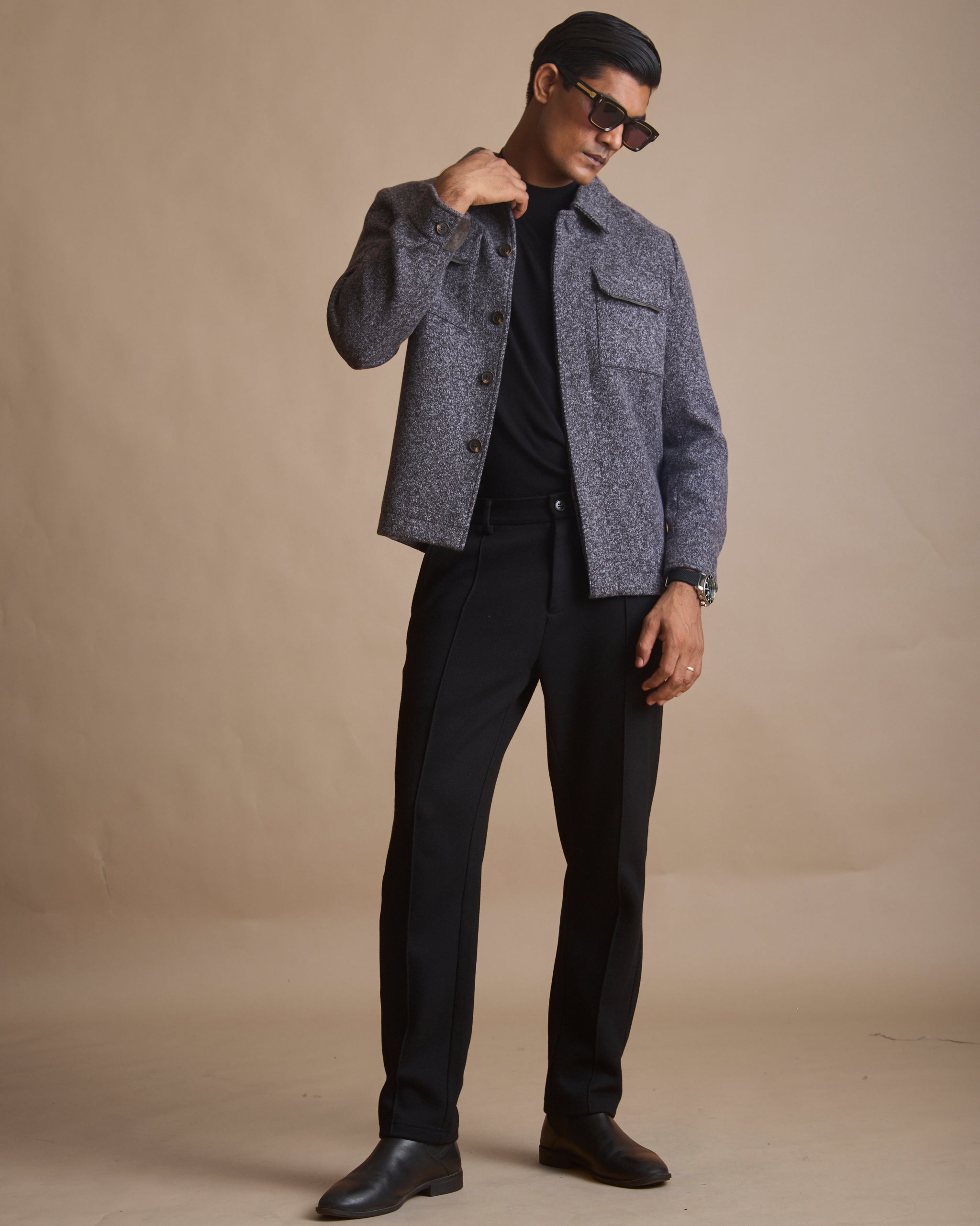 Melange grey Melton woven overshirt shacket for men (view 3) | House of 6