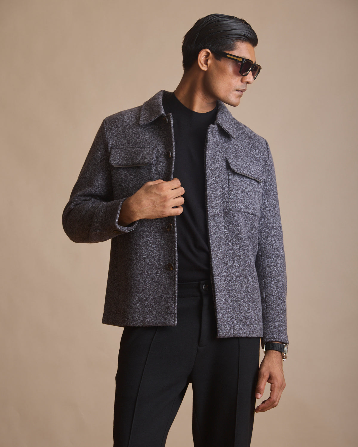 Melange grey Melton woven overshirt shacket for men (view 4) | House of 6