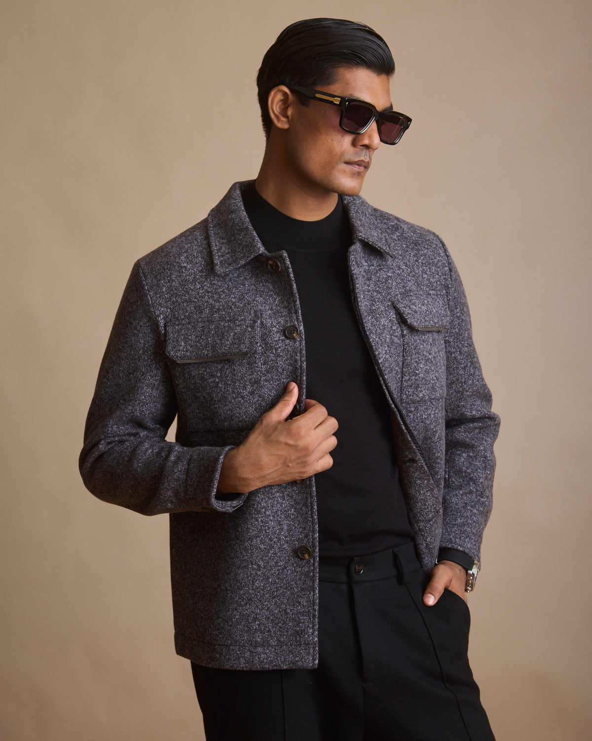 Melange grey Melton woven overshirt shacket for men (view 5) | House of 6