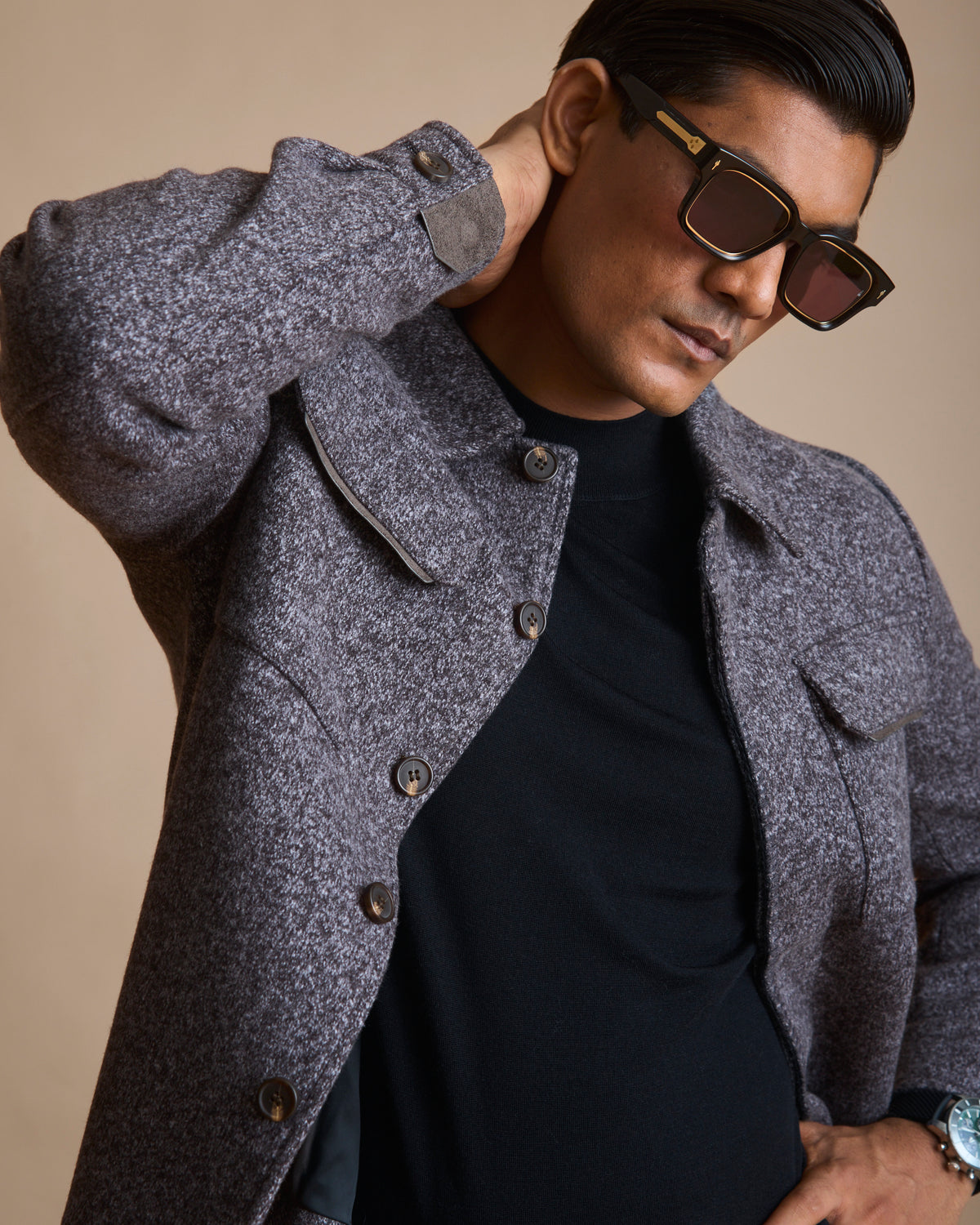 Melange grey Melton woven overshirt shacket for men (view 6) | House of 6