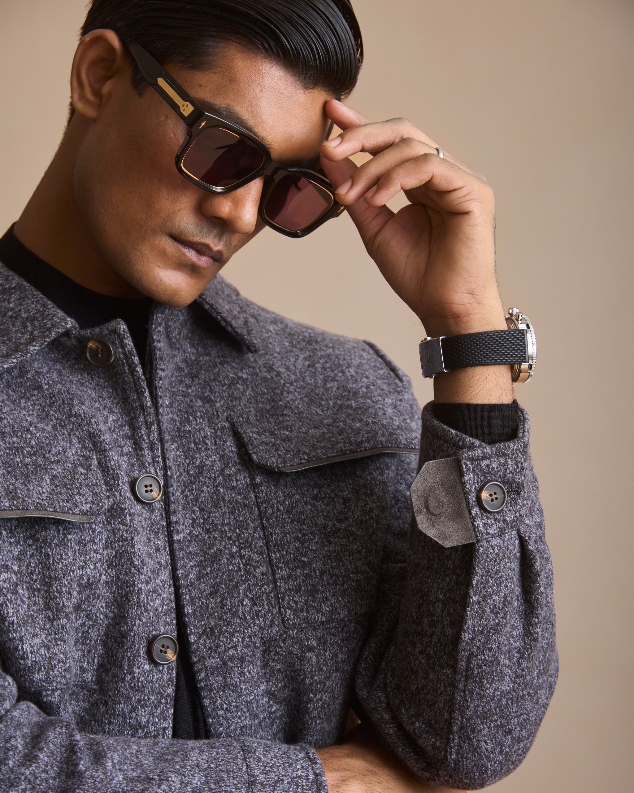 Melange grey Melton woven overshirt shacket for men (view 8) | House of 6