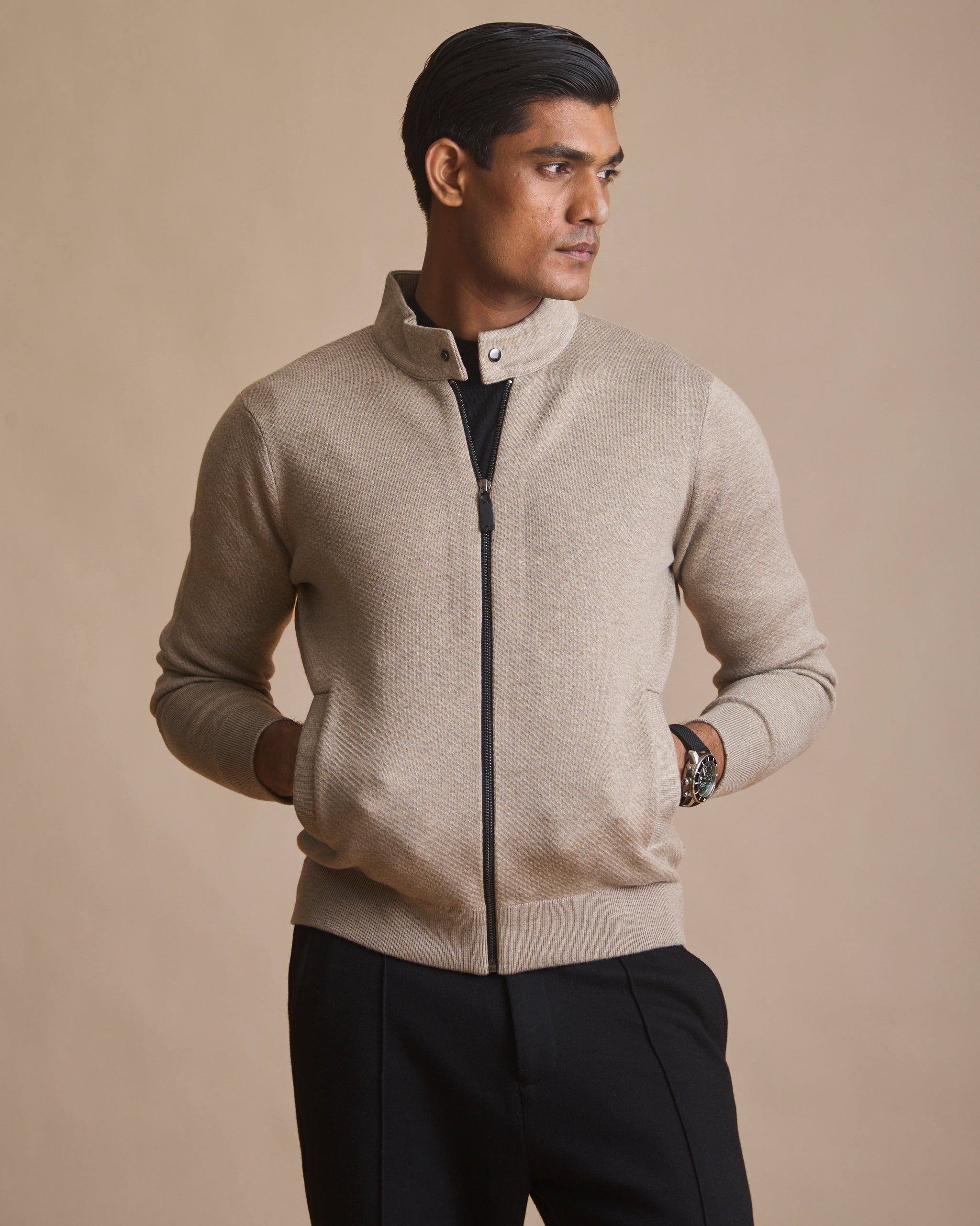 Oatmeal heather racer knit stand-collar jacket (view 2) | House of 6