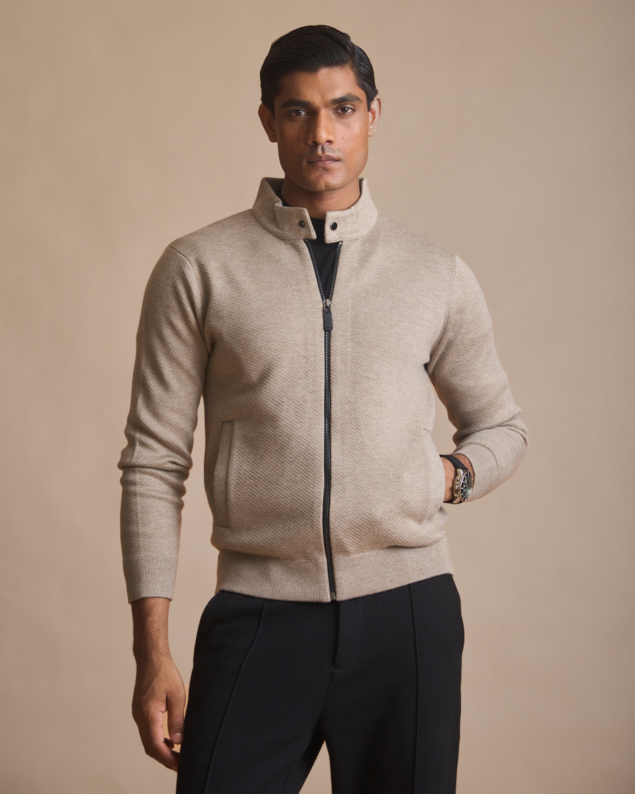 Oatmeal heather racer knit stand-collar jacket (view 3) | House of 6