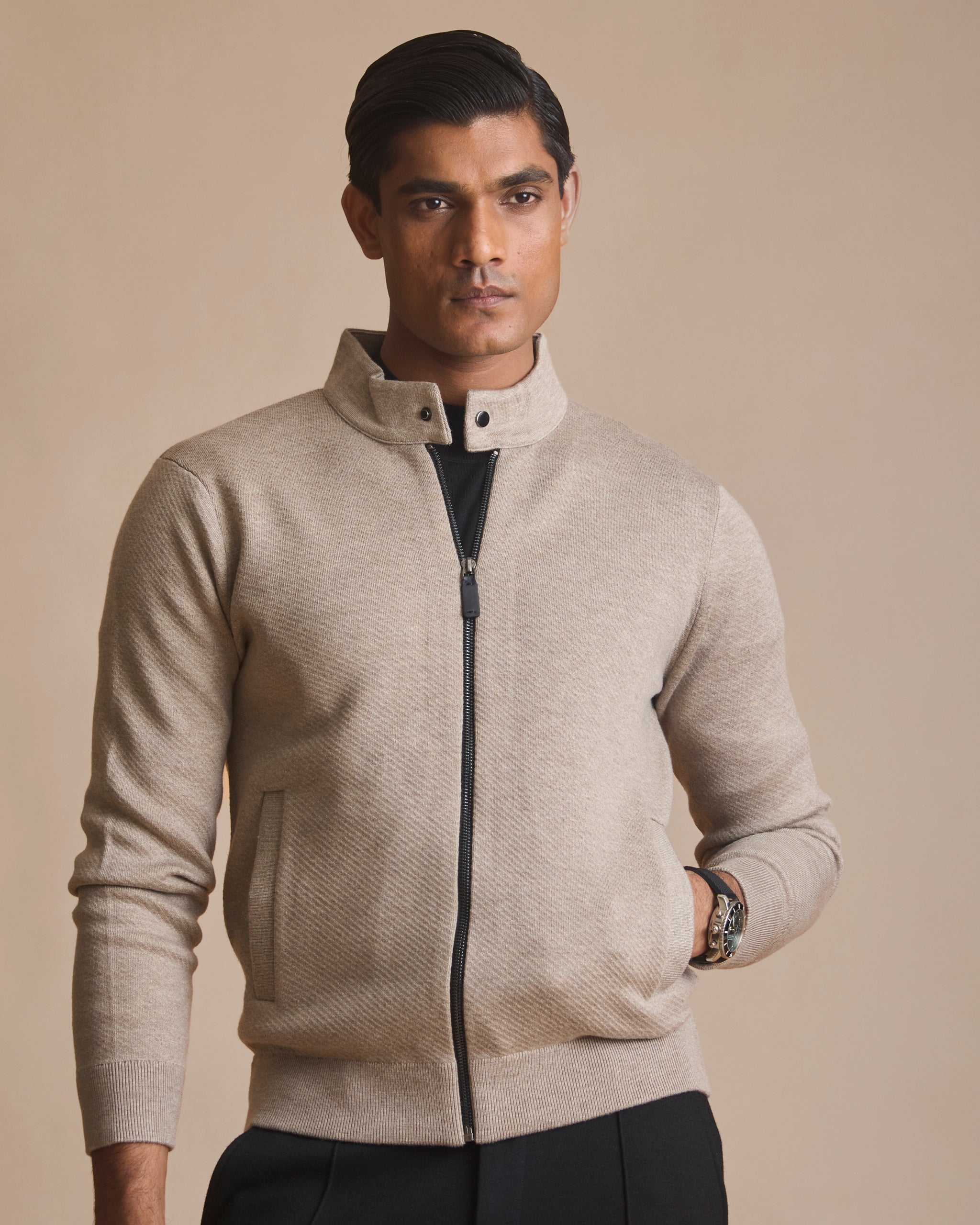 Oatmeal heather racer knit stand-collar jacket (view 4) | House of 6