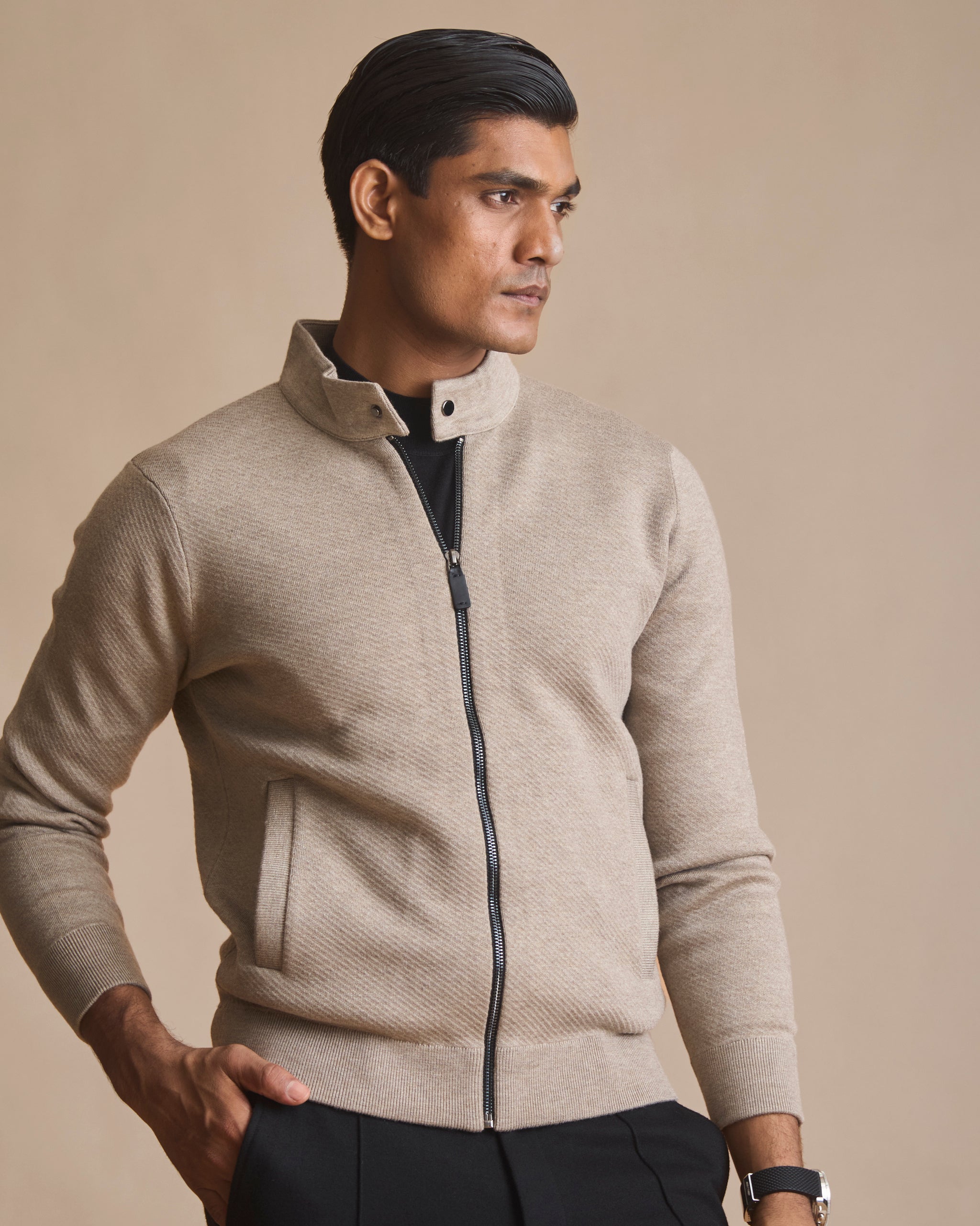 Oatmeal heather racer knit stand-collar jacket (view 5) | House of 6