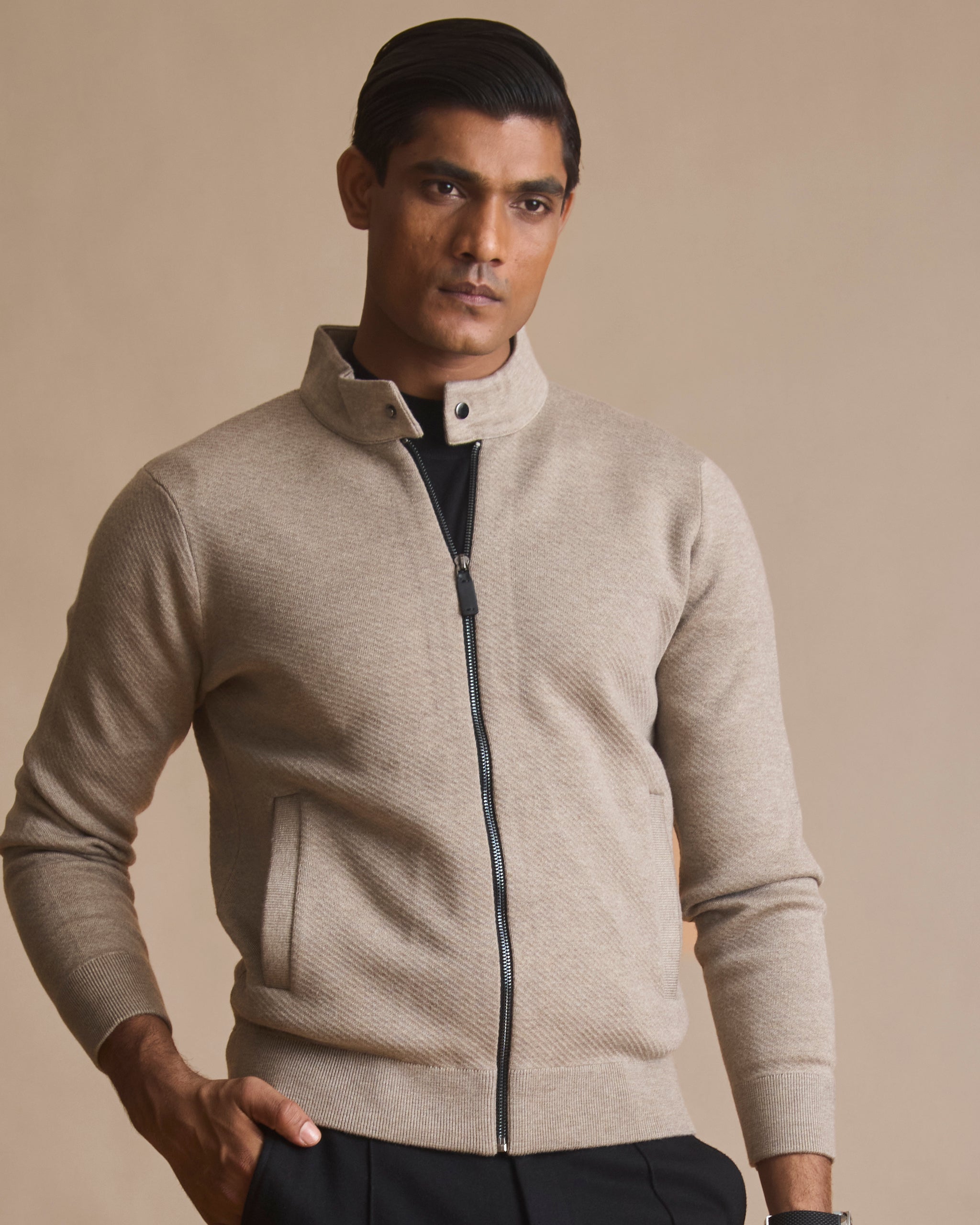 Oatmeal heather racer knit stand-collar jacket (view 6) | House of 6